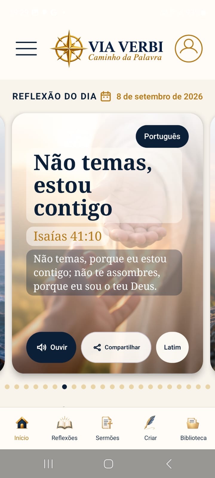 Tela inicial do aplicativo Via Verbi em português